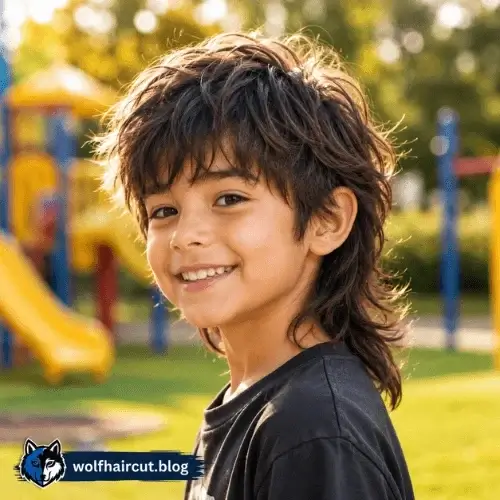 Sporty Wolf Cut Young boy with a textured, curly wolf cut haircut and side-swept bangs.