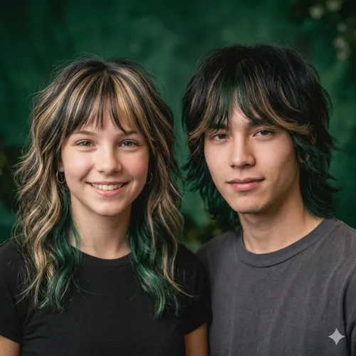 Wolf Cut Hair Color: 20 Best Dyed Wolf Cut Ideas for 2026 9 Man and woman with dark green split dye wolf cuts.