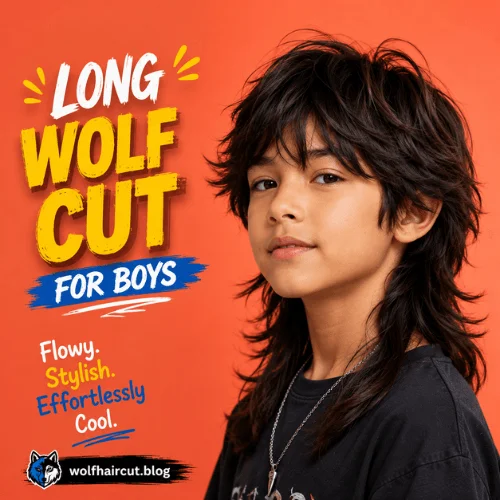 4. Long Wolf Cut for Boys Young boy with a long wolf cut featuring shaggy layers, textured bangs, and longer flowing layers around the neck and back.