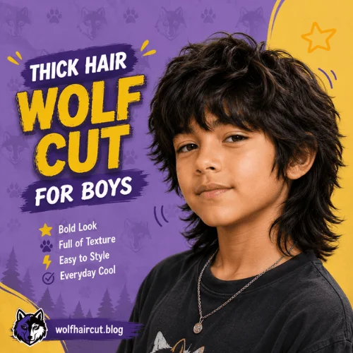 7. Thick Hair Wolf Cut Young boy with a baby wolf cut featuring soft, layered hair, wispy bangs, and slightly longer layers around the sides and back.