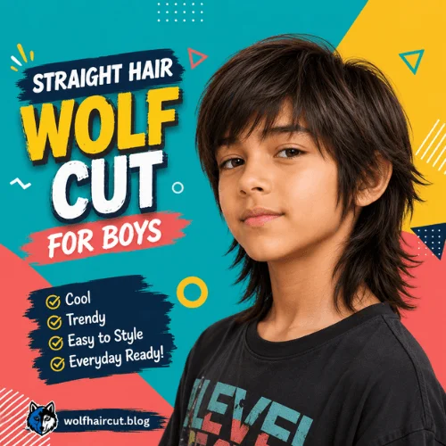 6. Straight Hair Wolf Cut Young boy with straight hair styled in a layered wolf cut, featuring side-swept bangs, textured layers, and longer pieces at the back.
