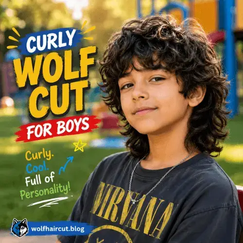 Curly Wolf Cut Young boy with curly hair styled in a layered wolf cut, featuring side-swept bangs, textured layers, and longer pieces at the back.