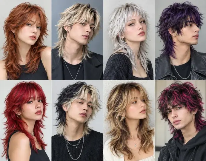 Wolf Cut Hair Color: 20 Best Dyed Wolf Cut Ideas for 2026 2 A collage of modern male and female wolf cuts in multiple hair colors, including auburn red, platinum silver, dirty blonde, purple highlights, and classic brown shaggy layers with textured bangs.