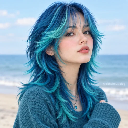 Wolf Cut Hair Color: 20 Best Dyed Wolf Cut Ideas for 2026 17 Woman with an ocean blue and teal wolf cut