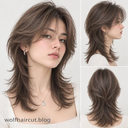 Corte lobo mullet: más de 25 estilos para mujeres y hombres en 2026 14 Corte lobo largo en tono castaño claro desfilado para mujer.
