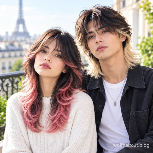 4. Balayage Wolf Cut Couple with matching pink and blonde two-tone wolf cuts.
