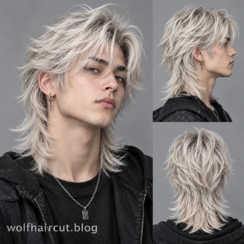 Corte lobo mullet: más de 25 estilos para mujeres y hombres en 2026 21 Corte lobo mullet rubio platino para hombre con capas.