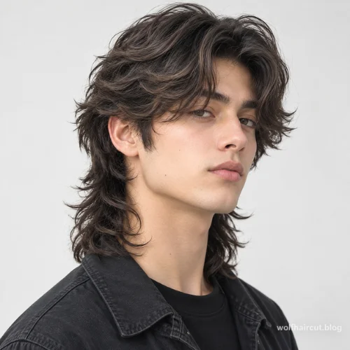 Corte lobo mullet: más de 25 estilos para mujeres y hombres en 2026 6 Corte lobo mullet ondulado para hombre en cabello oscuro.