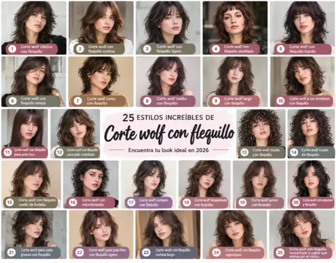 25 peinados de corte wolf con flequillo, desde estilos cortina y ligeros hasta opciones rizadas y despeinadas.