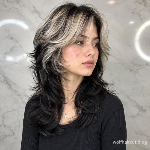 Wolf Cut Hair Color: 20 Best Dyed Wolf Cut Ideas for 2026 11 Two-tone black and blonde wolf cut hairstyle with choppy layers, curtain bangs, and face-framing platinum highlights.