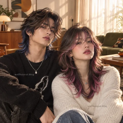Wolf Cut Hair Color: 20 Best Dyed Wolf Cut Ideas for 2026 12 Matching couple haircuts featuring a medium-length wolf cut with pink highlights for women and a shaggy wolf cut with blue underlayers for men.