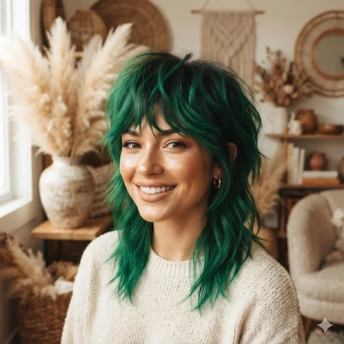 Wolf Cut Hair Color: 20 Best Dyed Wolf Cut Ideas for 2026 19 Smiling woman with an emerald green shaggy wolf cut hairstyle.