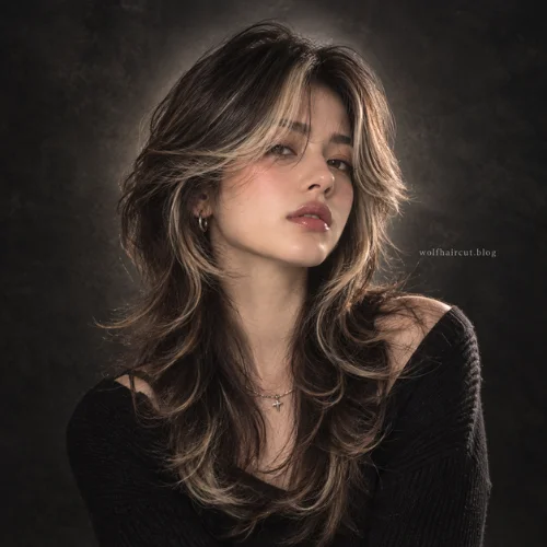 Wolf Cut Hair Color: 20 Best Dyed Wolf Cut Ideas for 2026 14 Brunette wolf cut blonde highlights with face framing.