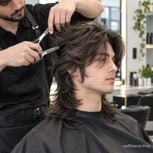 Long Wolf Cut for Men: How to Maintain It at the Salon Without Losing Length 2 Stylist trimming layers of a long wolf cut for men