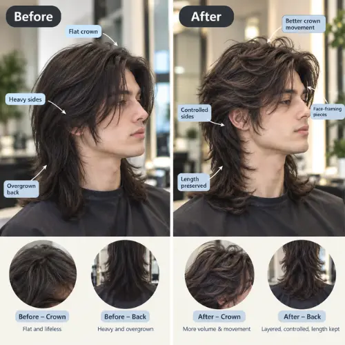 Corte wolf largo para hombres: cómo mantenerlo en el salón sin perder longitud 4 Antes y después del mantenimiento de un corte wolf largo para hombres