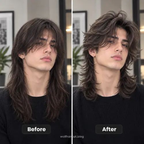 Antes y después del mantenimiento en casa de un corte lobo largo para hombre