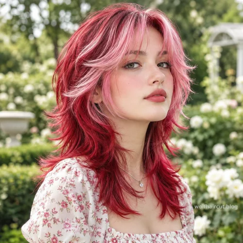 Wolf Cut Hair Color: 20 Best Dyed Wolf Cut Ideas for 2026 16 Woman with a vibrant red and pink two-tone wolf cut haircut.