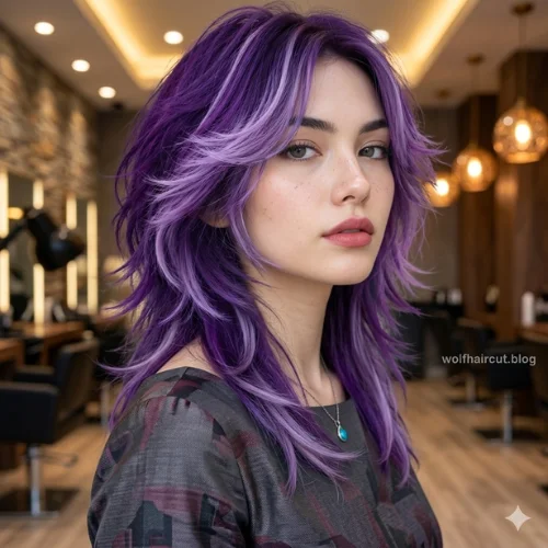 Wolf Cut Hair Color: 20 Best Dyed Wolf Cut Ideas for 2026 18 Woman with a purple and lavender layered wolf cut