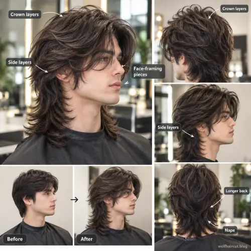 Long Wolf Cut for Men: How to Maintain It at the Salon Without Losing Length 3 Long wolf cut for men showing layered crown and face framing
