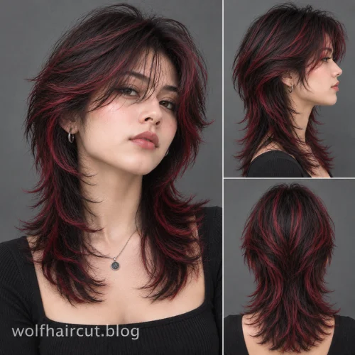 Wolf Cut Mullet: 25+ Styles for Women and Men in 2026 21 Wolf cut mullet with red highlights and textured black layers
