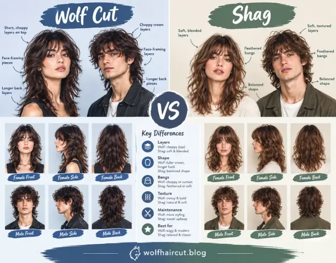 Wolf Cut vs Shag: 7 Key Differences Explained 26 Wolf cut vs shag for men and women, comparing choppy layers, soft texture, and haircut shapes.