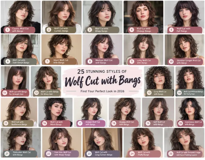 Wolf Cut with Bangs for Women: 25 Best Styles in 2026 3 25 wolf cut with bangs hairstyles, including curtain, wispy, curly, and shaggy styles