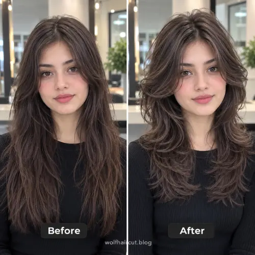 Long wolf cut before and after at-home maintenance
