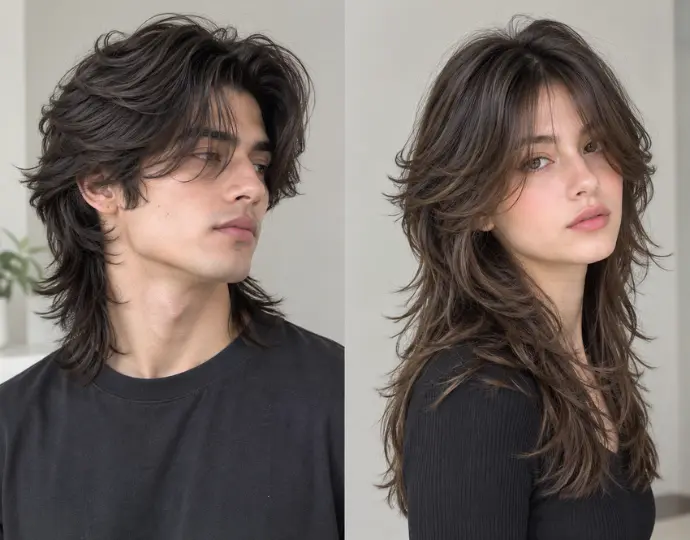 Corte lobo largo con coronilla en capas y parte posterior larga con textura en dos modelos, hombre y mujer.