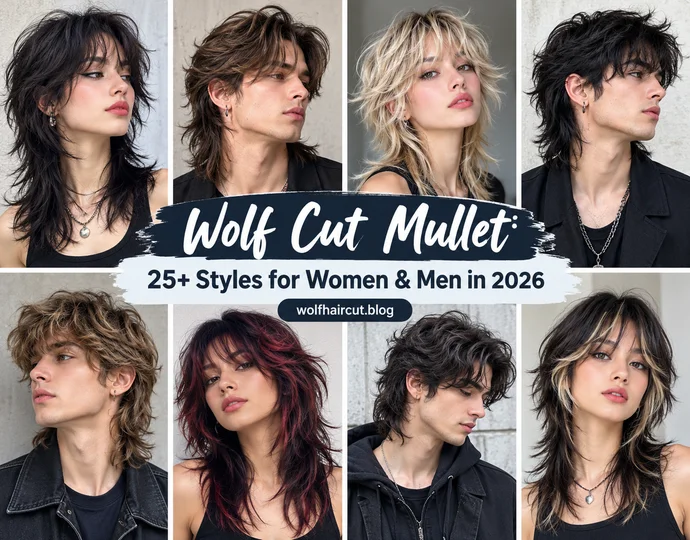 Wolf Cut Mullet: 25+ Styles for Women and Men in 2026 1 Wolf cut mullet hairstyles for women and men featuring shaggy layers, textured bangs, and longer tapered backs.