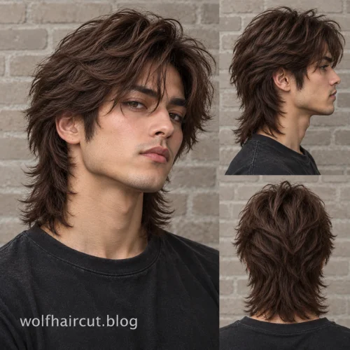 Corte lobo mullet: más de 25 estilos para mujeres y hombres en 2026 2 Corte lobo mullet para hombre con capas y cabello castaño.